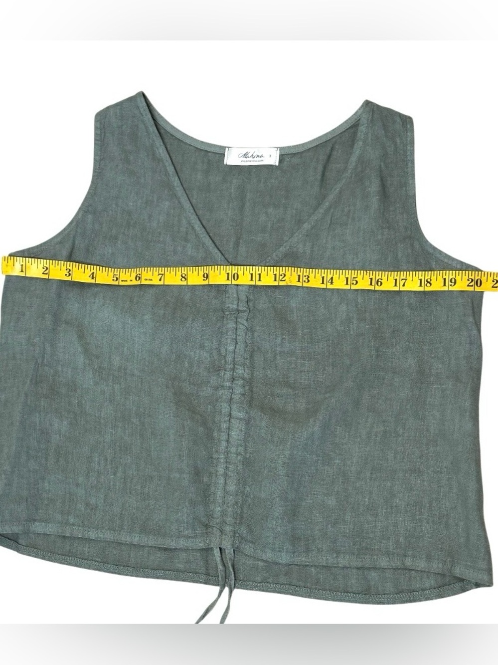 Mahina 100% Linen Tank Top M Sage Green Ruched Front Drawstring Italian Linen - Picture 7 of 9